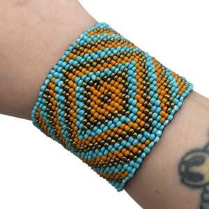 Vintage Handmade Beaded Cuff Bracelet Turquoise Orange Gold Geometric‎ Loomed